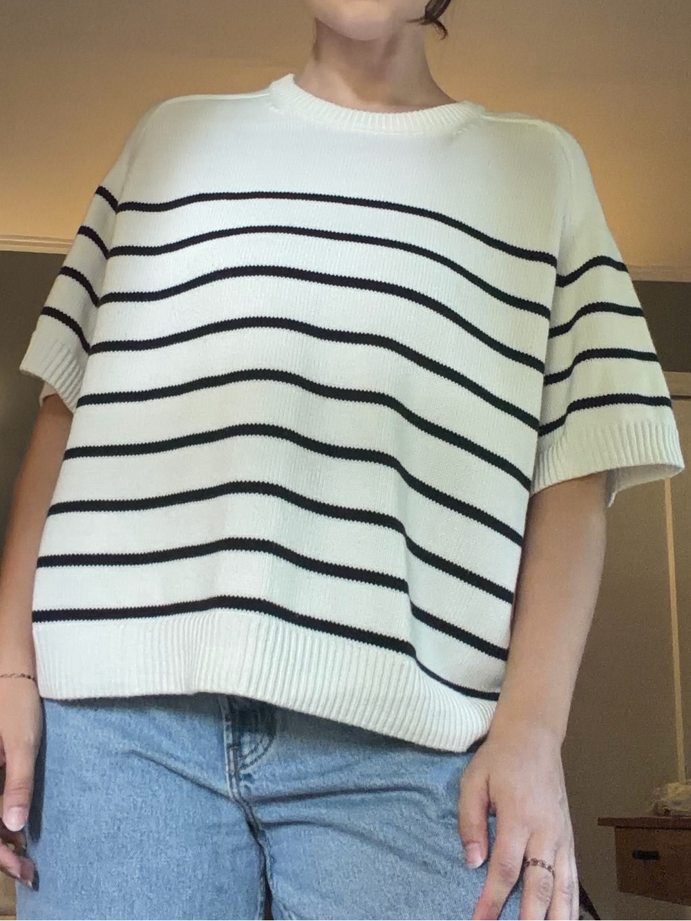 Abercrombie & Fitch White Short-Sleeve Striped Knit Top